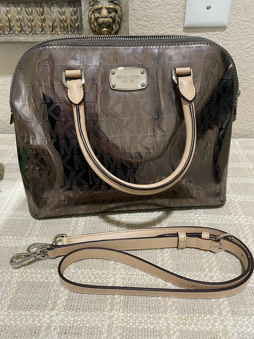 Michael Kors Metallic Taupe Dome Satchel with Beige Handles